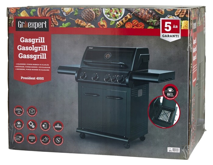 Gasolgrill 4 brännare + 1 sidobrännare 19,6 kW Grillexpert